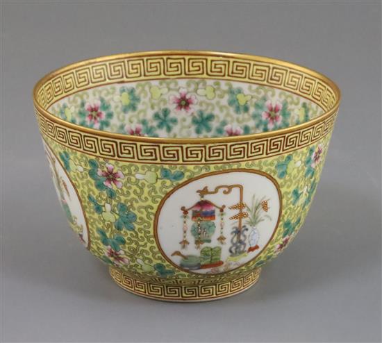 A Chinese yellow ground deep bowl, Tongzhi mark and possibly of the period, D. 13cm